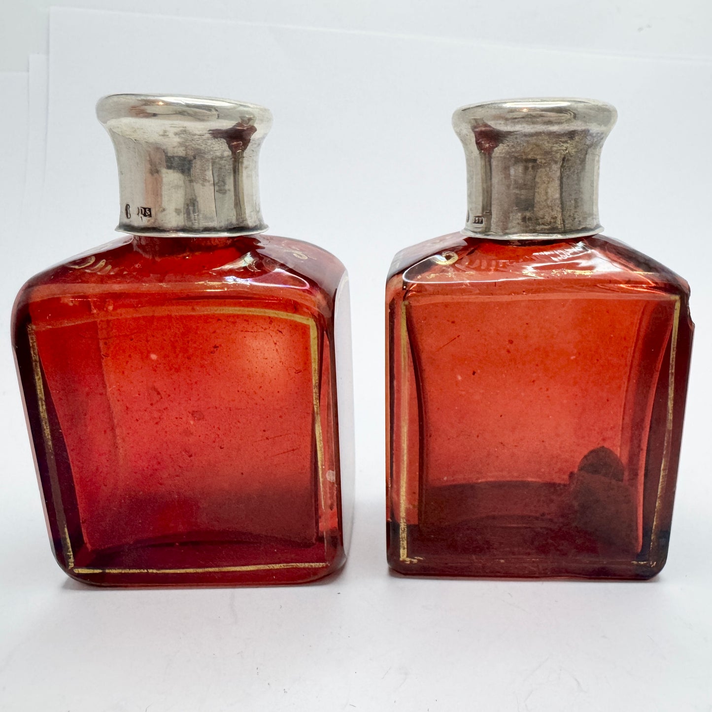Stockholm 1858. Antique Victorian Ruby Glass Silver Top Pair of Perfume Bottles.