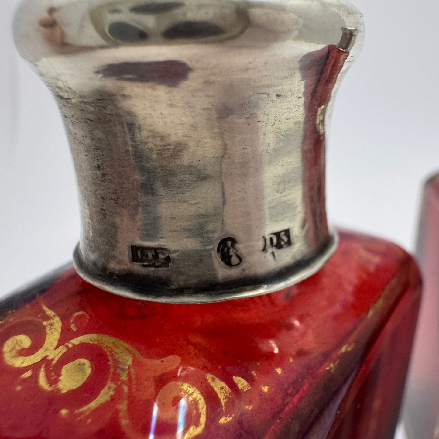 Stockholm 1858. Antique Victorian Ruby Glass Silver Top Pair of Perfume Bottles.