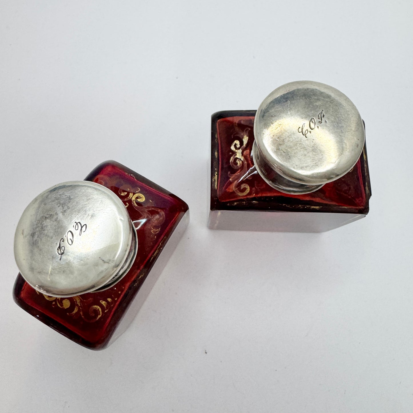 Stockholm 1858. Antique Victorian Ruby Glass Silver Top Pair of Perfume Bottles.