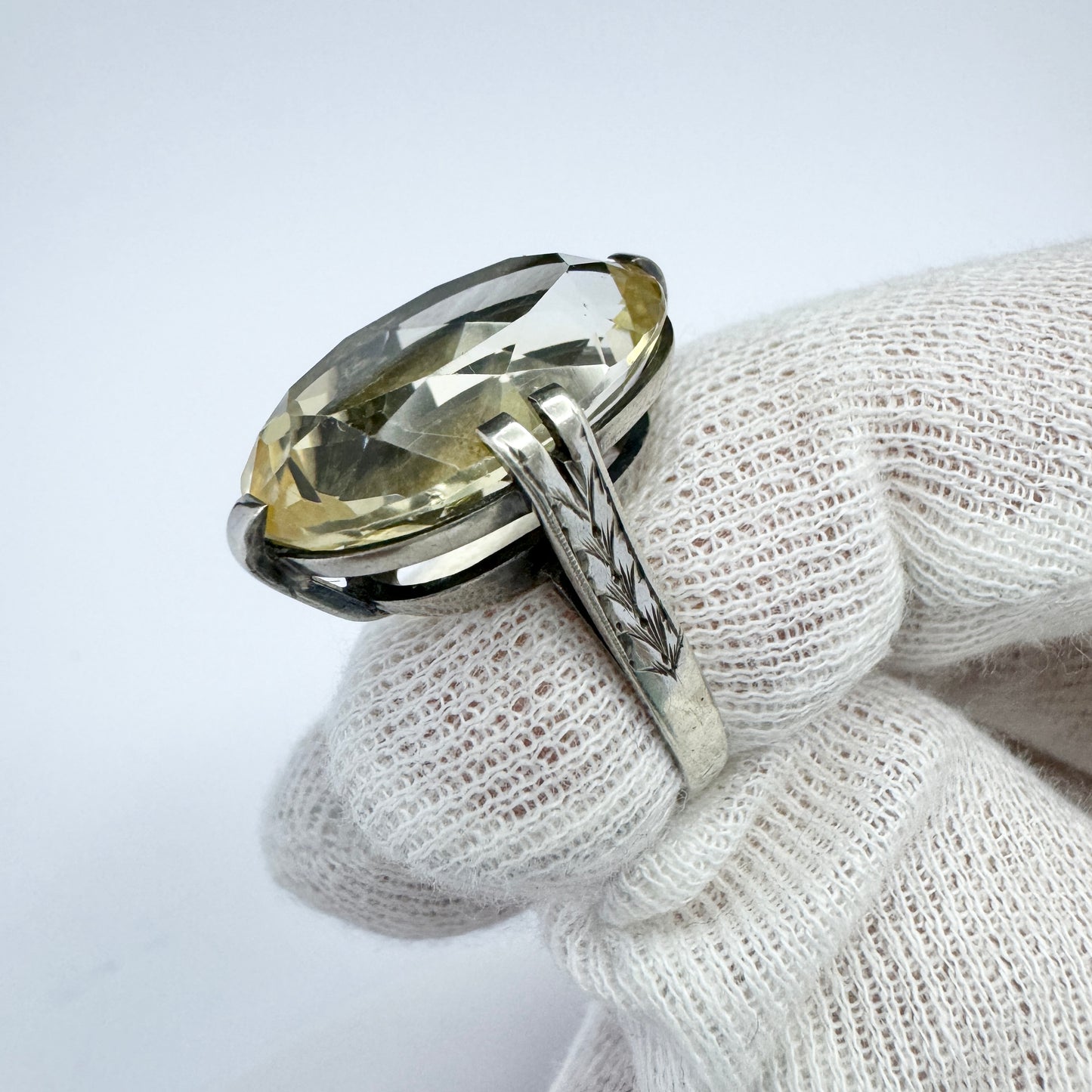 Antique c 1910. Solid Silver Pale Yellow Quartz Ring.