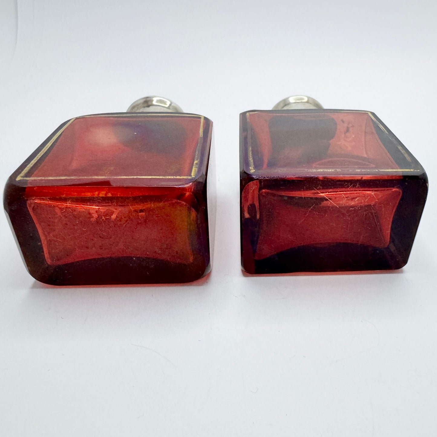 Stockholm 1858. Antique Victorian Ruby Glass Silver Top Pair of Perfume Bottles.
