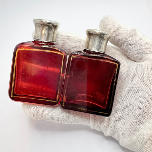 Stockholm 1858. Antique Victorian Ruby Glass Silver Top Pair of Perfume Bottles.