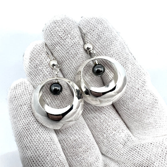 Einari Ailio, Finland 1975. Vintage Modernist Sterling Silver Hematite Earrings.