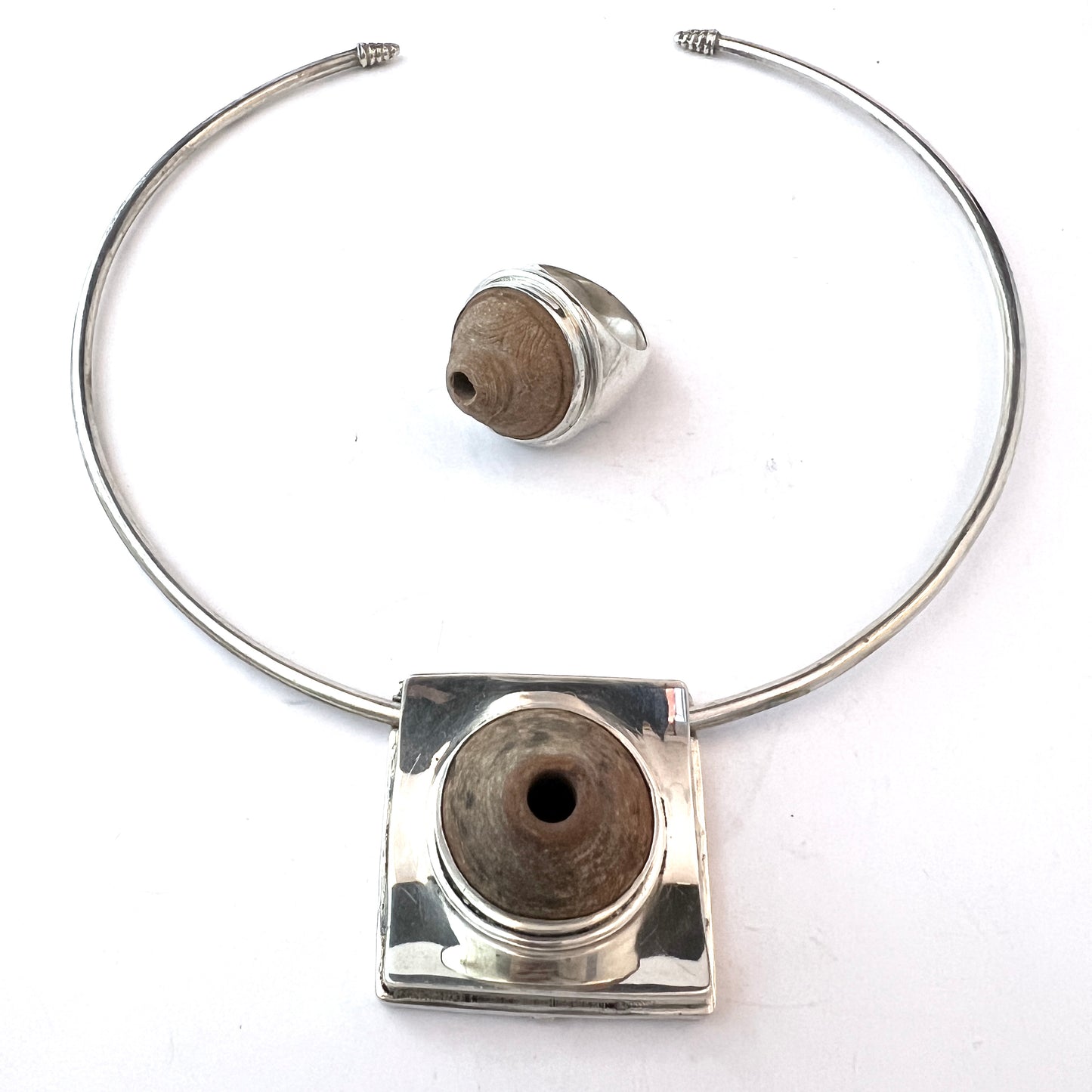 Vintage Sterling Silver Ancient (?) Ceramic Set. Necklace + Ring.