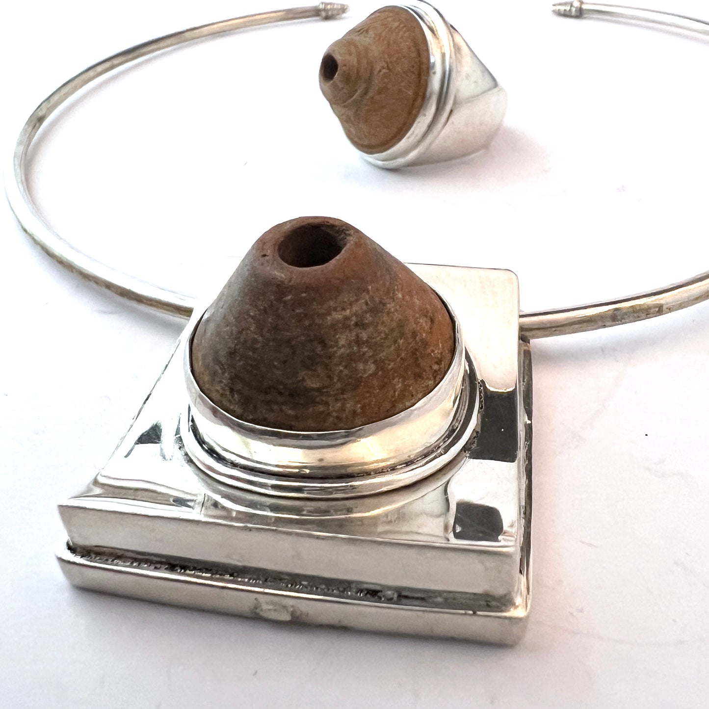 Vintage Sterling Silver Ancient (?) Ceramic Set. Necklace + Ring.