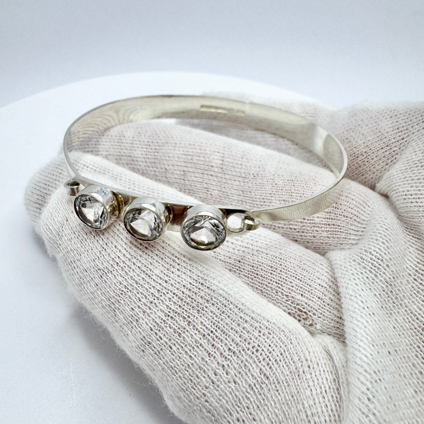 Salovaara, Finland 1969. Vintage Solid Silver Rock Crystal Hinged Bangle Bracelet