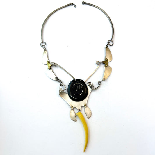 Vintage c 1960s Modernist Silver + Mixed Media Necklace.