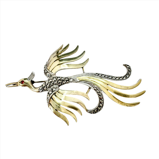 Sweden c 1940s. Large Solid Silver Marcasite Phoenix Bird Brooch.