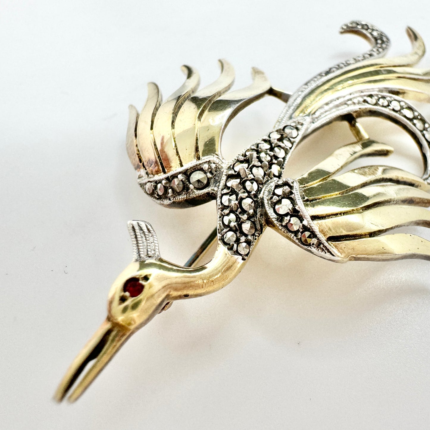 Sweden c 1940s. Large Solid Silver Marcasite Phoenix Bird Brooch.