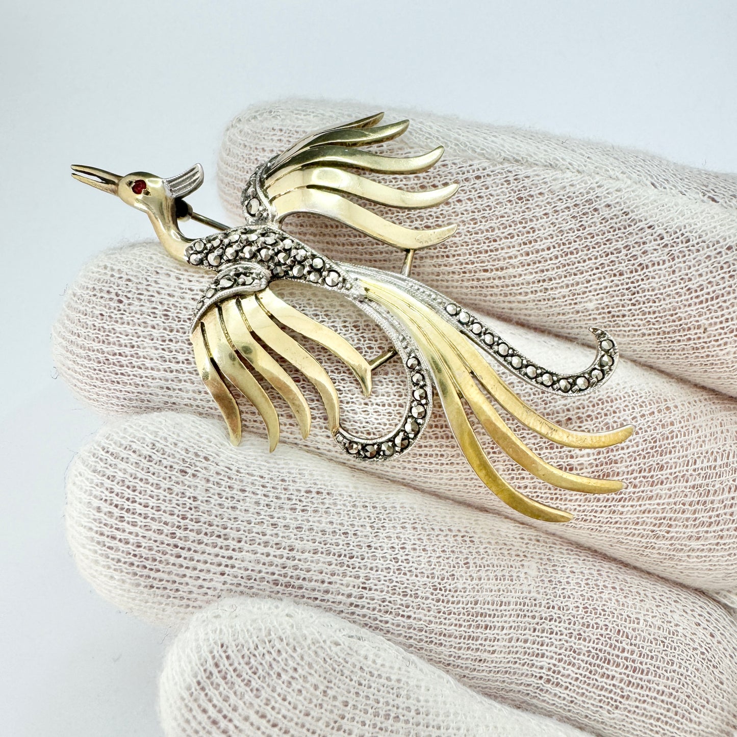 Sweden c 1940s. Large Solid Silver Marcasite Phoenix Bird Brooch.