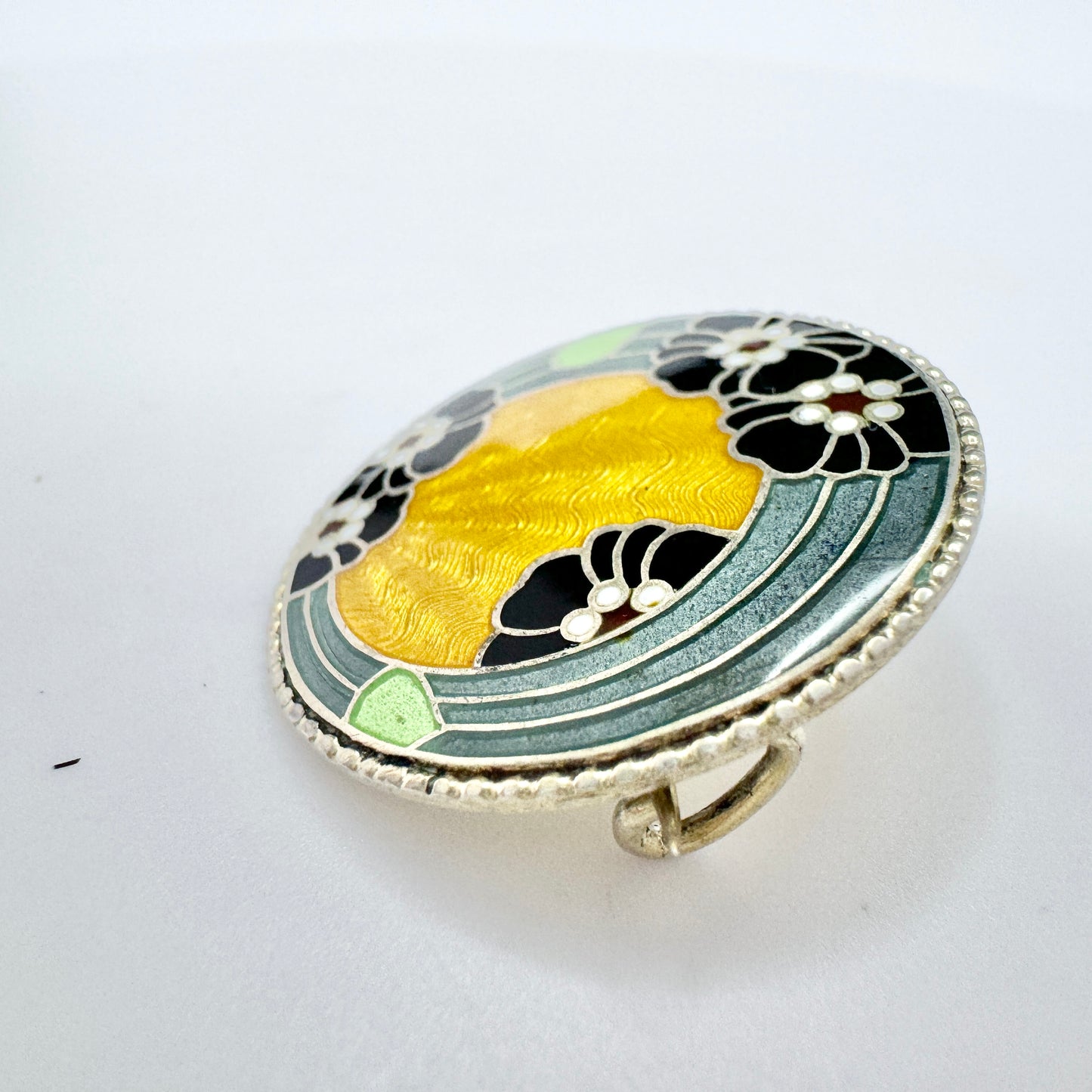 Bernhard Hertz, Denmark c 1910s. Antique Jugendstil Sterling Silver Enamel Brooch.