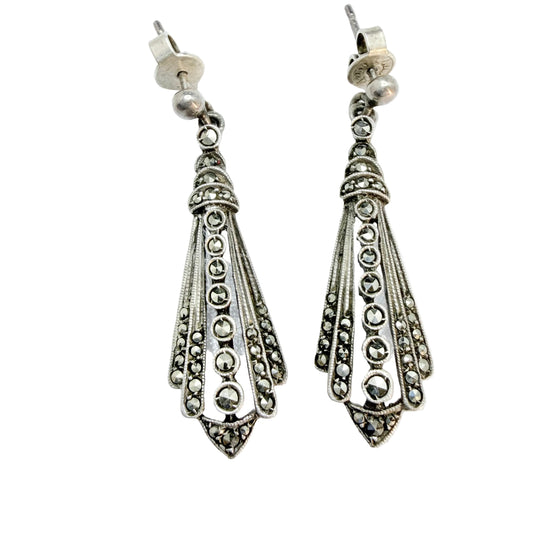 Vintage Art Deco 1930s Solid Silver Marcasite Dangle Earrings.