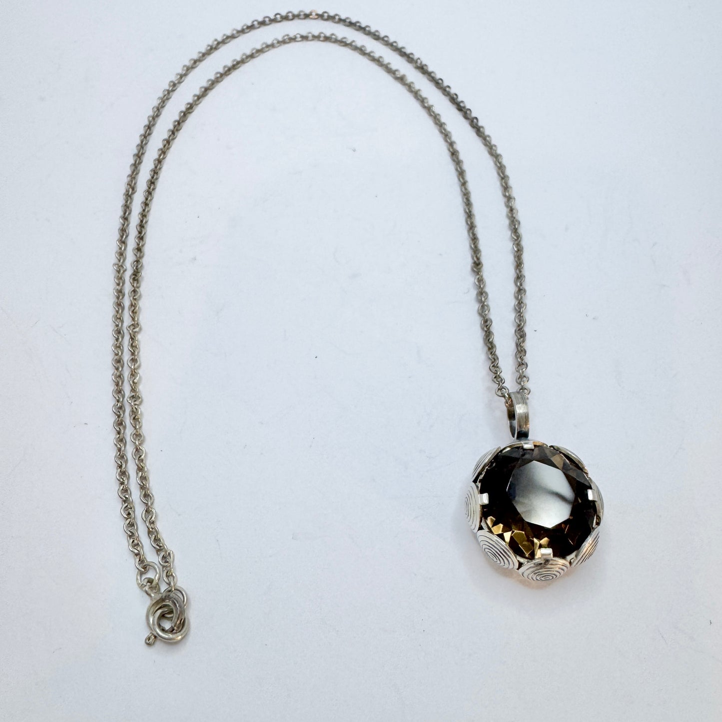 Elis Kauppi, Kupittaan Kulta, Finland 1960s. Vintage Sterling Silver Smoky Quartz Pendant Necklace.