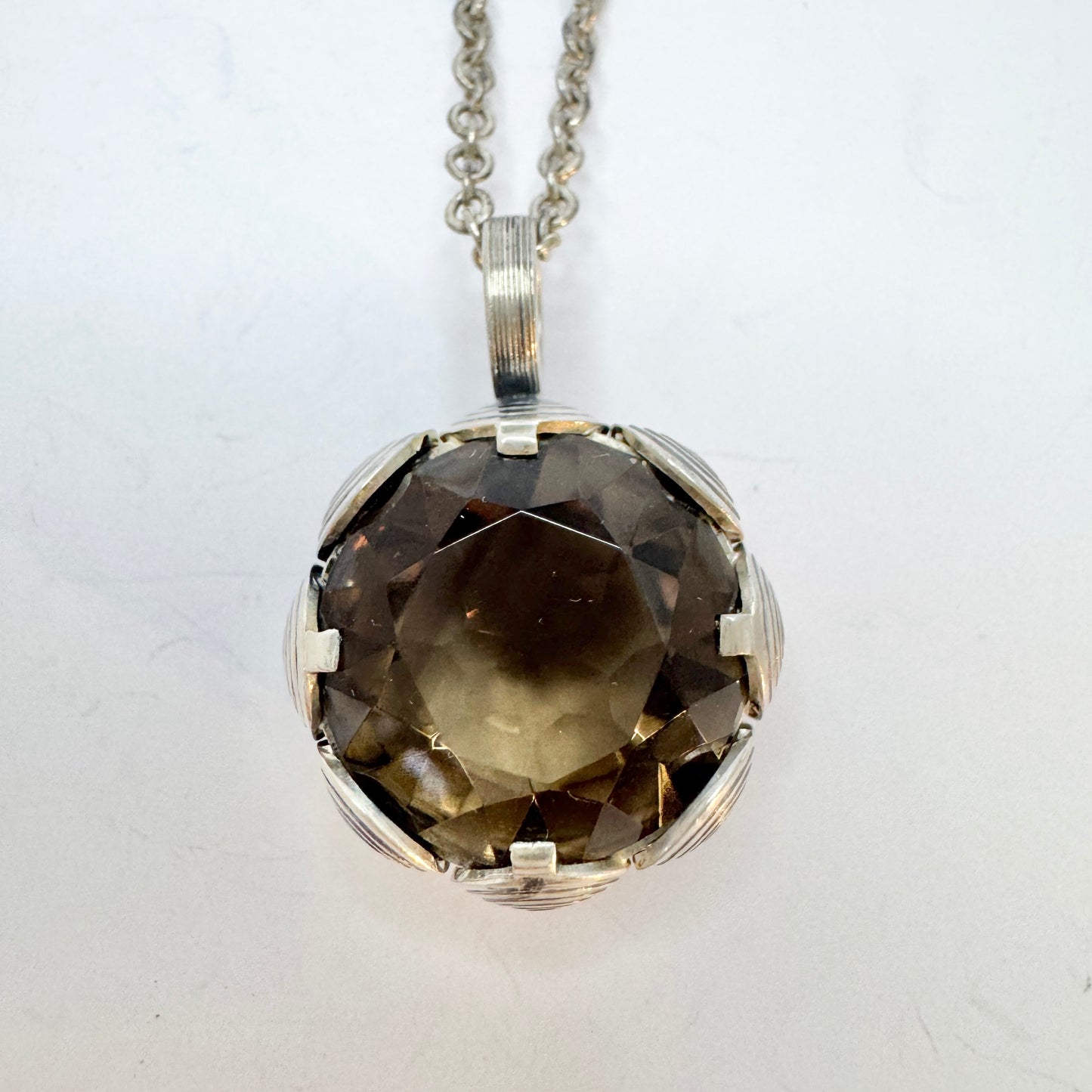 Elis Kauppi, Kupittaan Kulta, Finland 1960s. Vintage Sterling Silver Smoky Quartz Pendant Necklace.