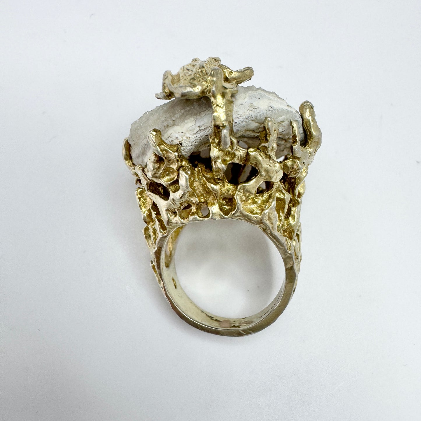 Vintage Bold Sterling Silver Drusy Quartz Frog Ring.