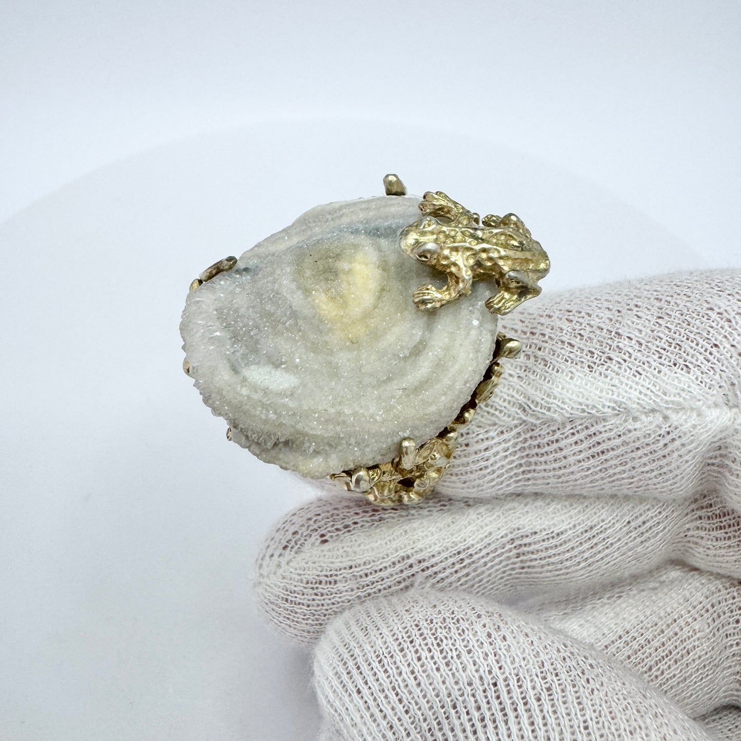 Vintage Bold Sterling Silver Drusy Quartz Frog Ring.