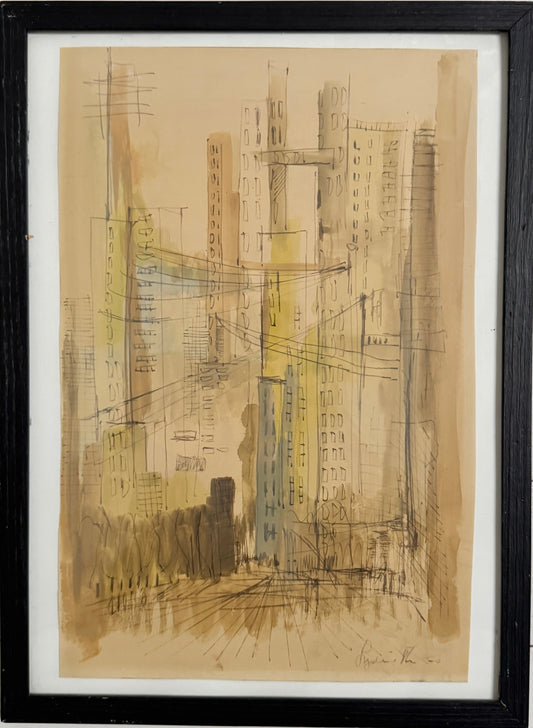 Avenue, 1960. Vintage Watercolor Painting.