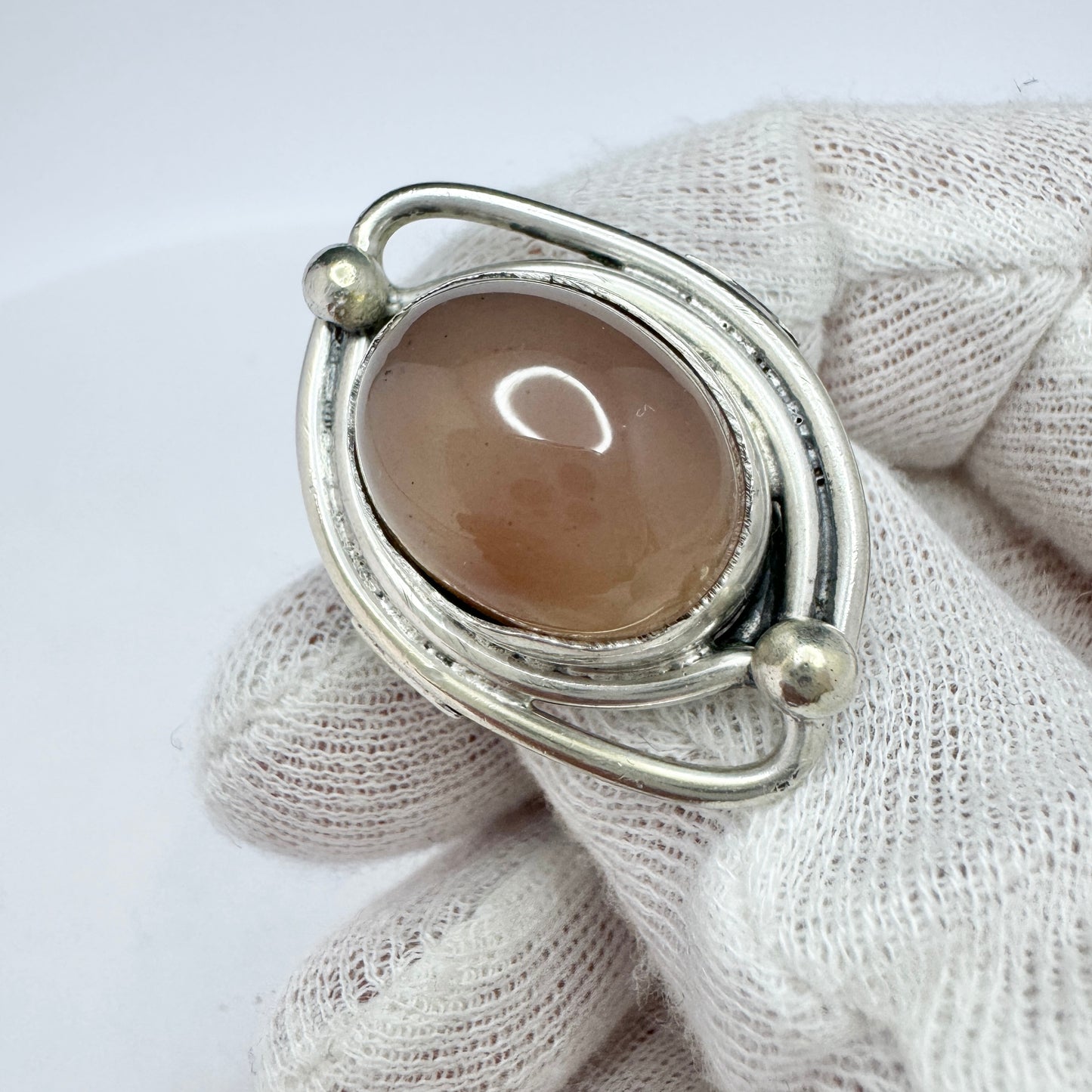 ORNO, Poland 1960s. Vintage Modernist Solid Silver Rose Quartz Ring.