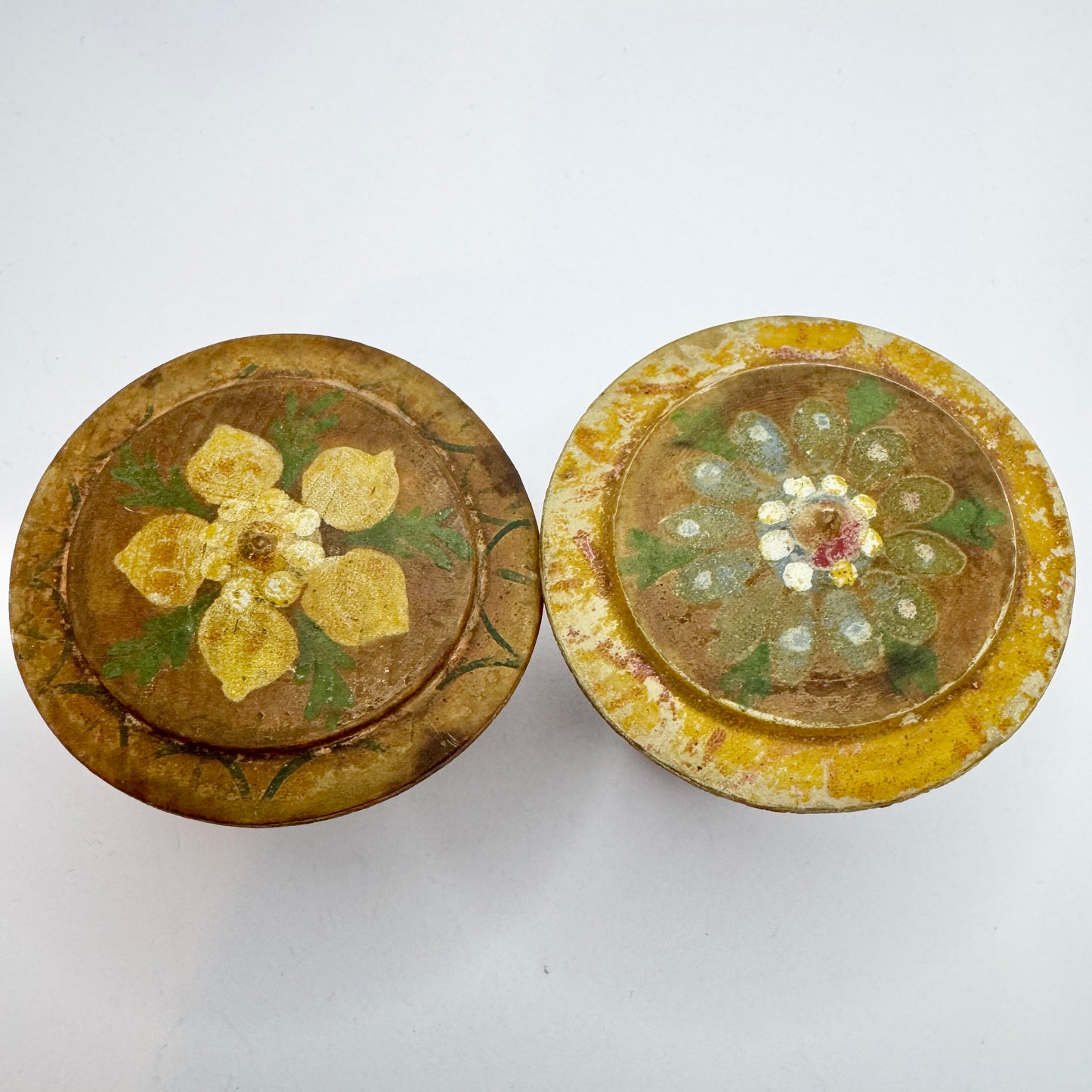 Sweden 1936. Two Vintage Folk Art Wood Trinket Boxes with Proverb.