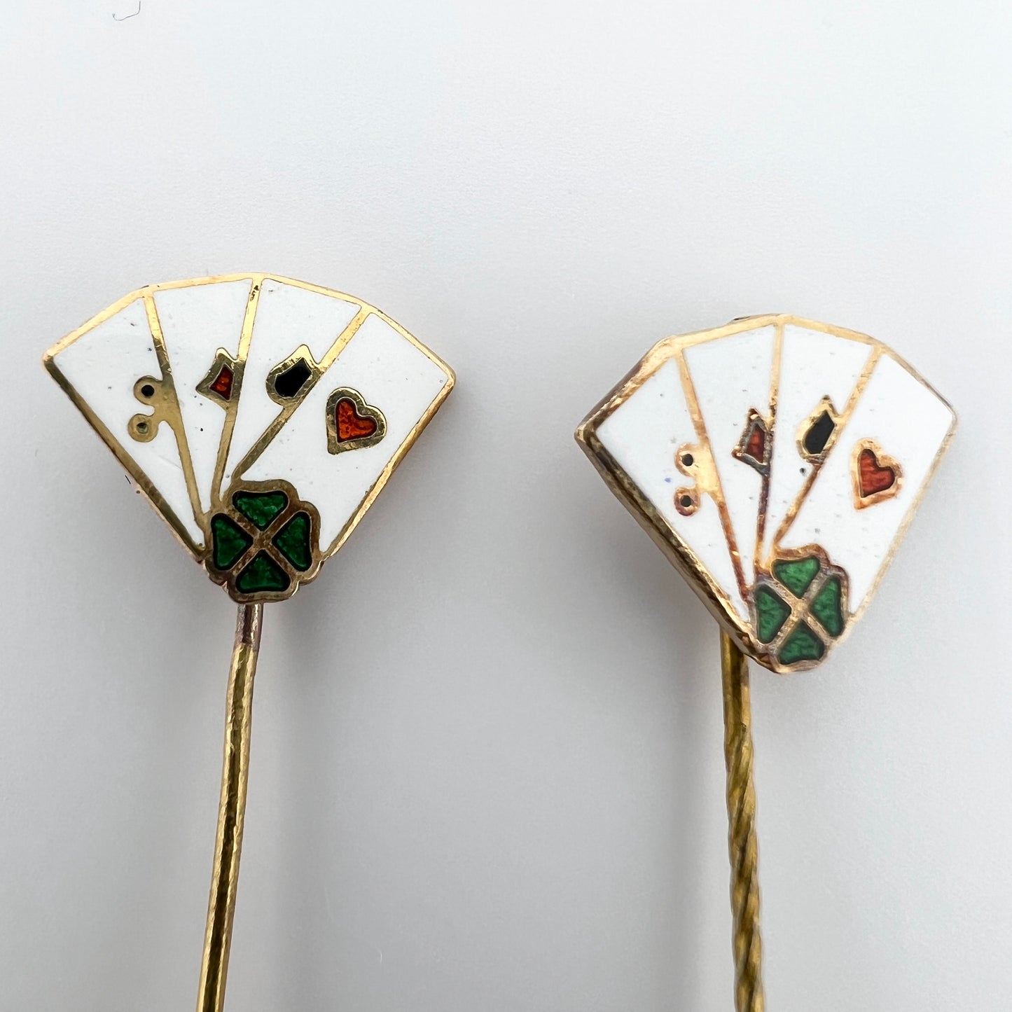 Lagerström, Sweden 1962. Vintage 18k Gold Enamel Cards Lucky Clover Pins.