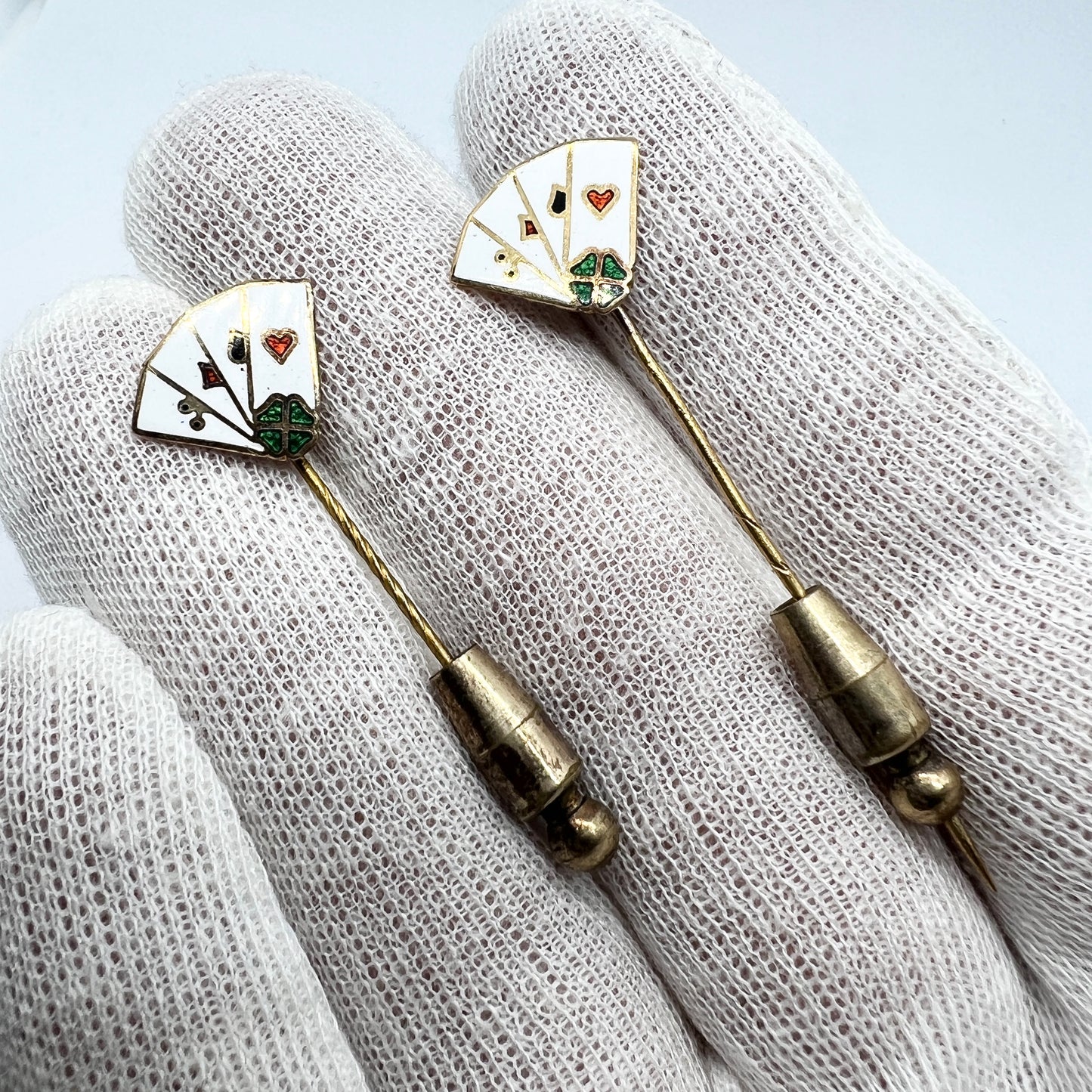 Lagerström, Sweden 1962. Vintage 18k Gold Enamel Cards Lucky Clover Pins.