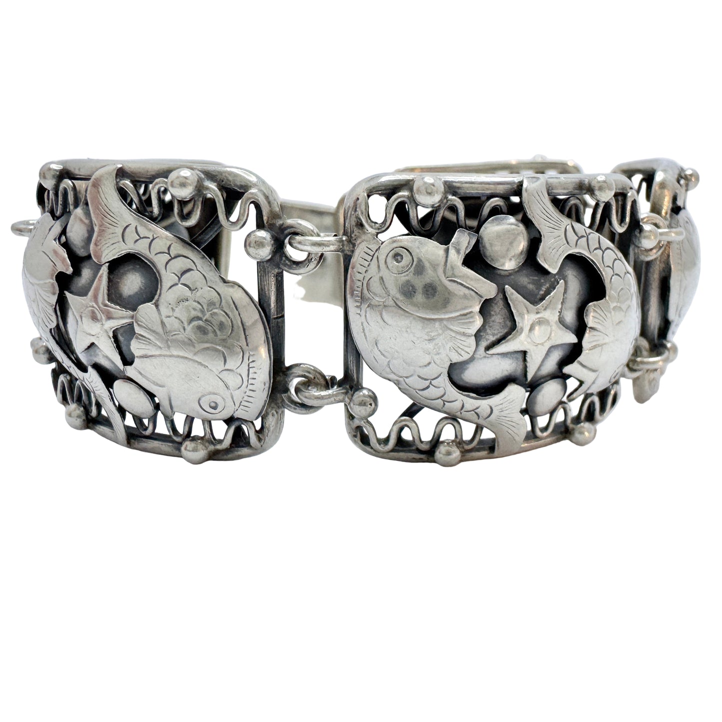 GUSSI, Sweden 1949. Bold Vintage Sterling Silver Fish Link Bracelet.