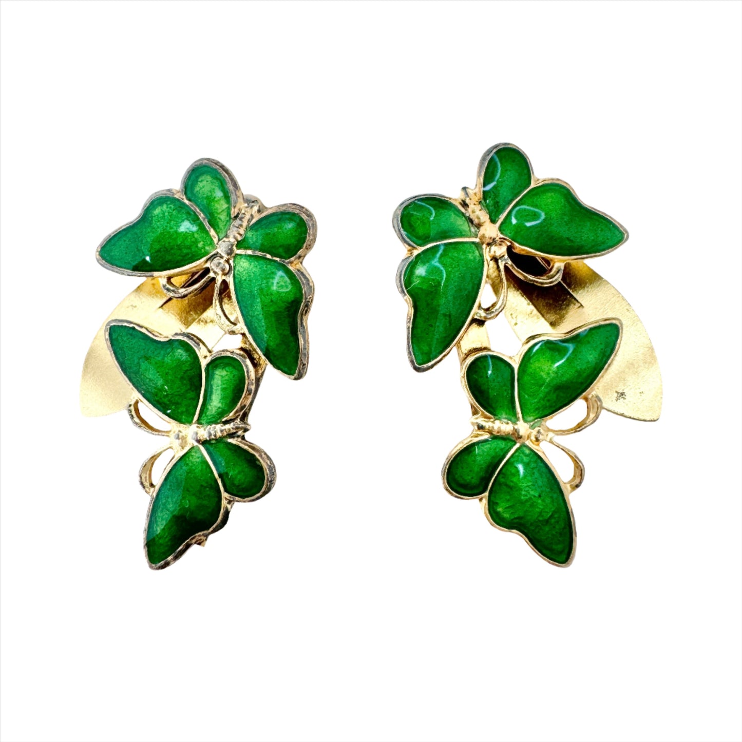 Volmer Bahner, Denmark. Vintage Sterling Silver Green Enamel Butterflies Clip-on Earrings