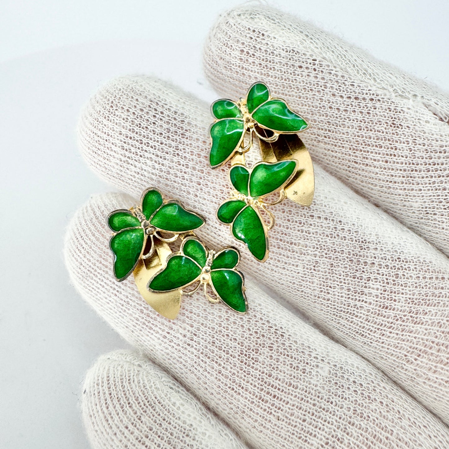 Volmer Bahner, Denmark. Vintage Sterling Silver Green Enamel Butterflies Clip-on Earrings