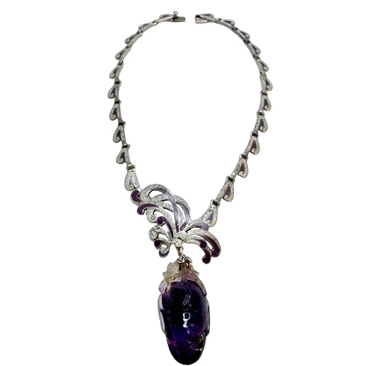 Margot De Taxco, Mexico 1950-60s. Bold Sterling Silver Enamel Amethyst Brooch Necklace.