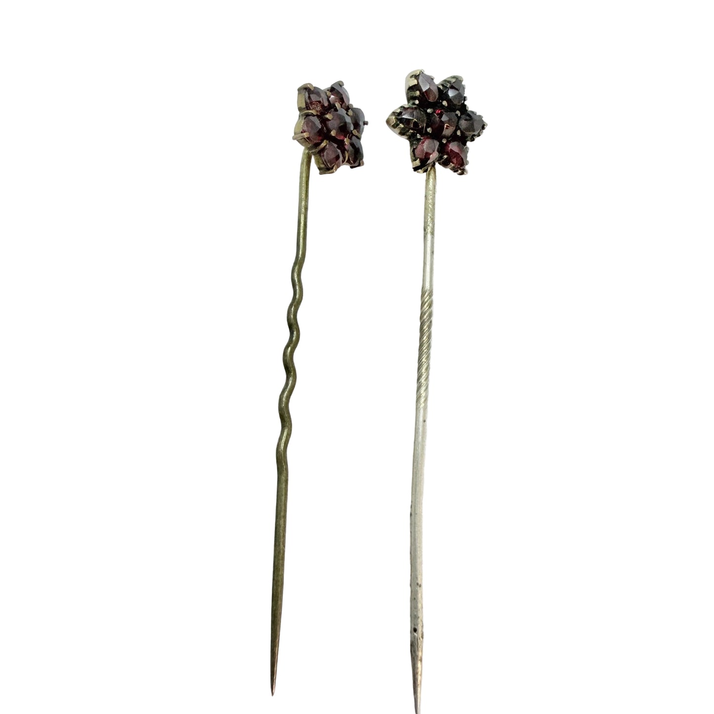 Two Antique Bohemian Garnet Gilt Metal Stick Pins Lapel Pins