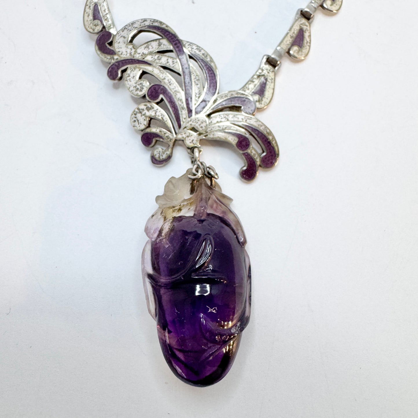 Margot De Taxco, Mexico 1950-60s. Bold Sterling Silver Enamel Amethyst Brooch Necklace.