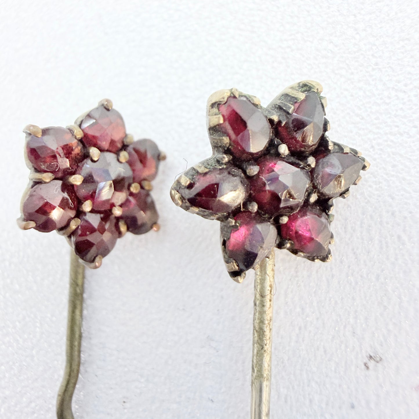 Two Antique Bohemian Garnet Gilt Metal Stick Pins Lapel Pins