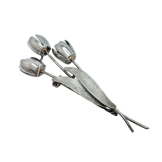 Vintage 1940-50s Solid Silver Tulip Bouquet Brooch.