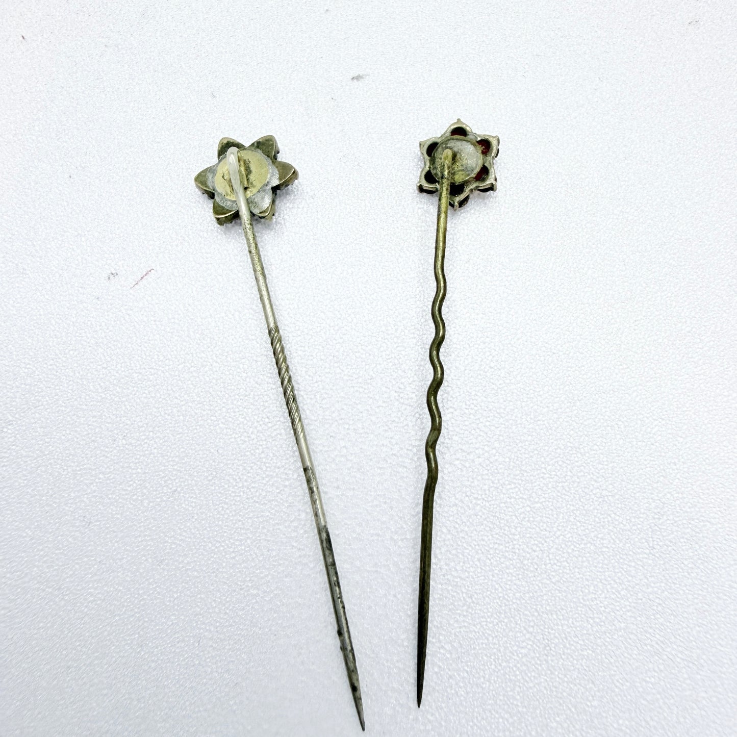 Two Antique Bohemian Garnet Gilt Metal Stick Pins Lapel Pins