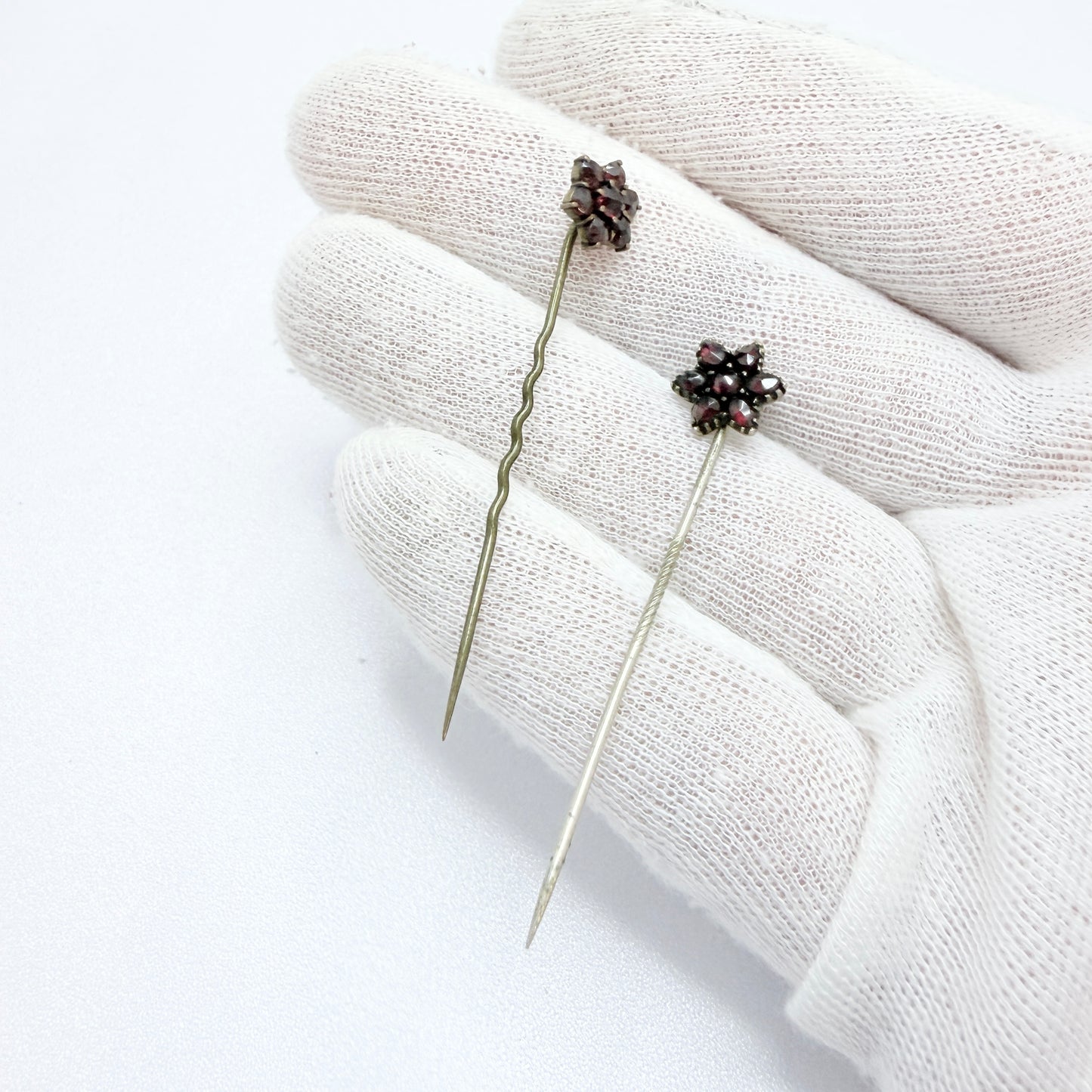 Two Antique Bohemian Garnet Gilt Metal Stick Pins Lapel Pins