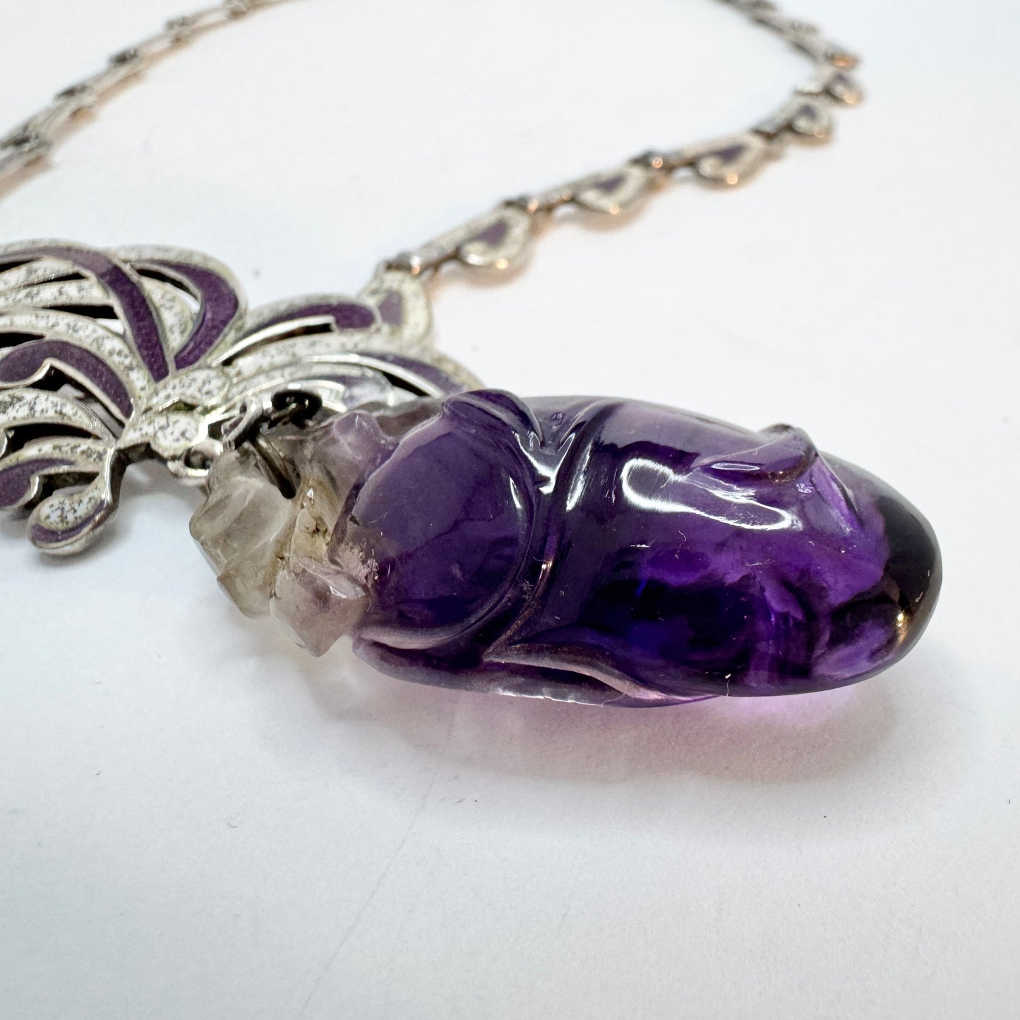 Margot De Taxco, Mexico 1950-60s. Bold Sterling Silver Enamel Amethyst Brooch Necklace.