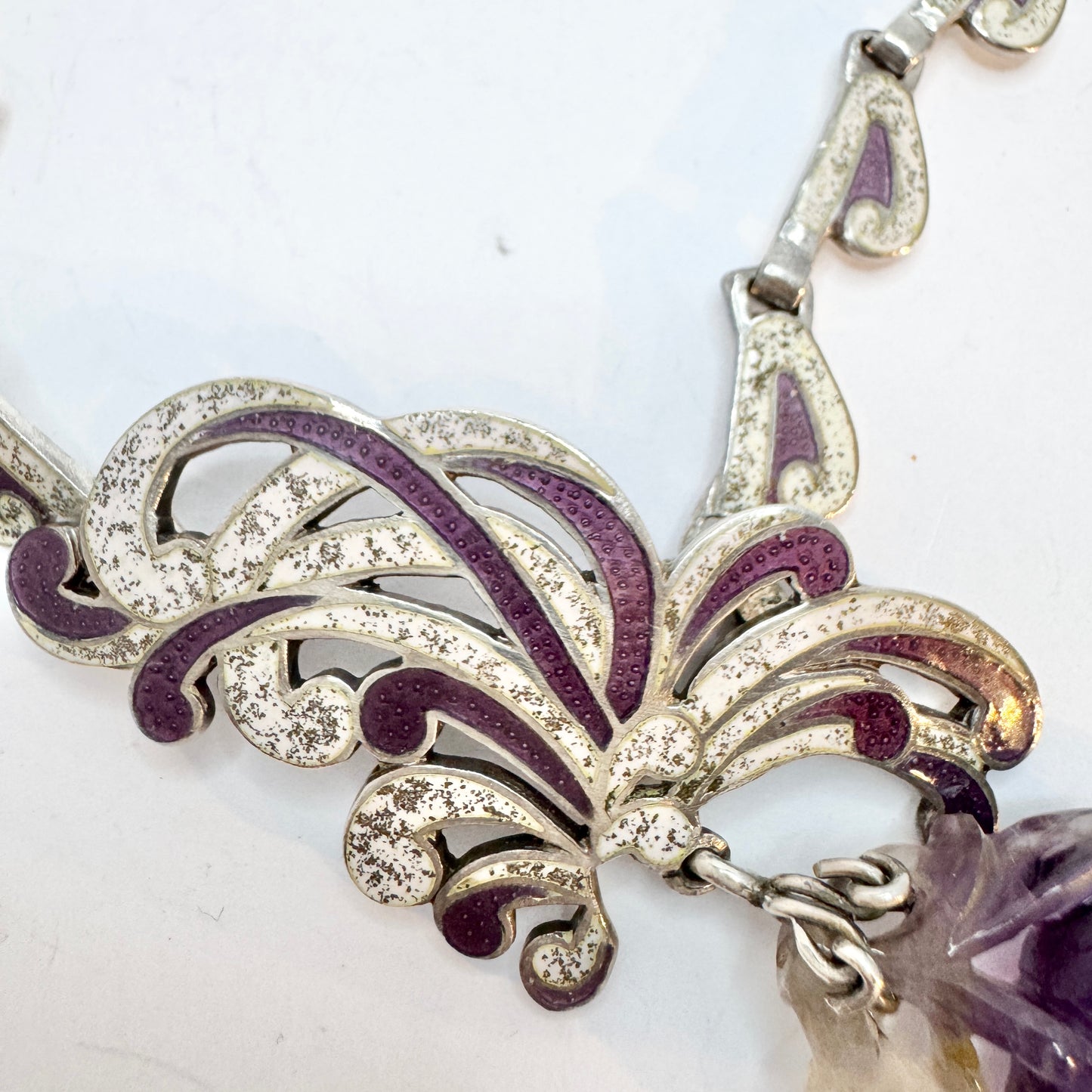 Margot De Taxco, Mexico 1950-60s. Bold Sterling Silver Enamel Amethyst Brooch Necklace.