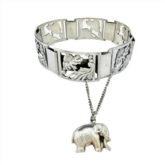 RR, Denmark c 1950s. Solid Silver Flower Bracelet with Elephant Charm