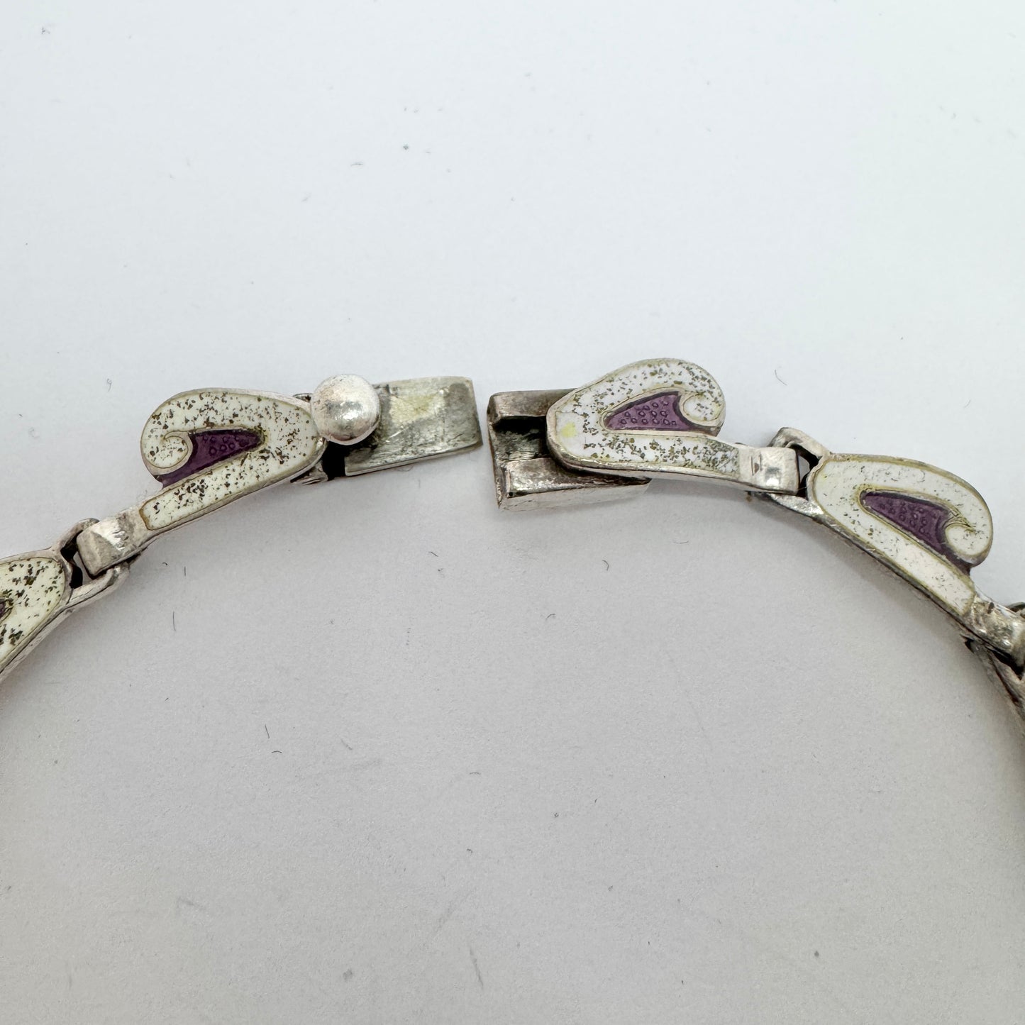 Margot De Taxco, Mexico 1950-60s. Bold Sterling Silver Enamel Amethyst Brooch Necklace.
