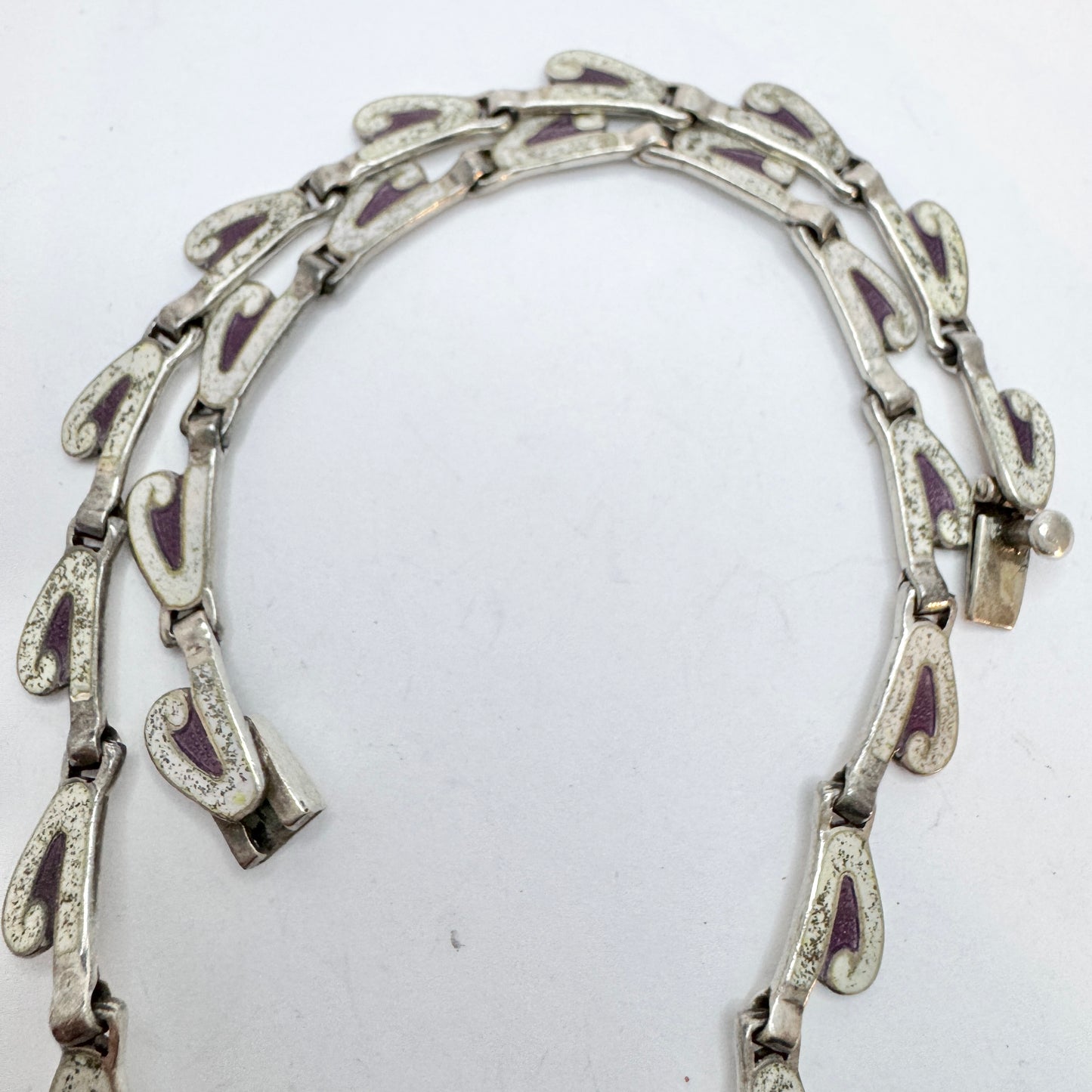 Margot De Taxco, Mexico 1950-60s. Bold Sterling Silver Enamel Amethyst Brooch Necklace.