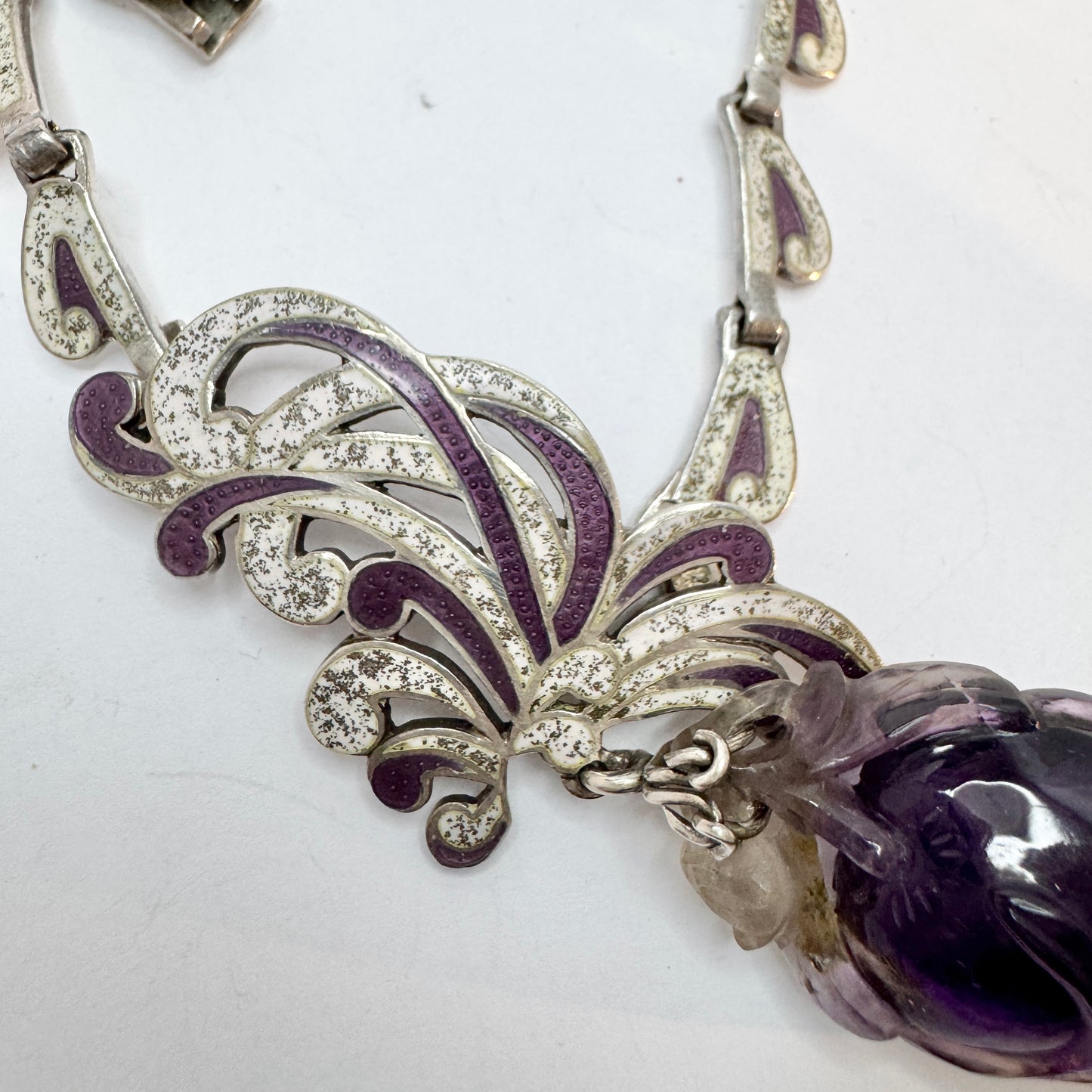 Margot De Taxco, Mexico 1950-60s. Bold Sterling Silver Enamel Amethyst Brooch Necklace.
