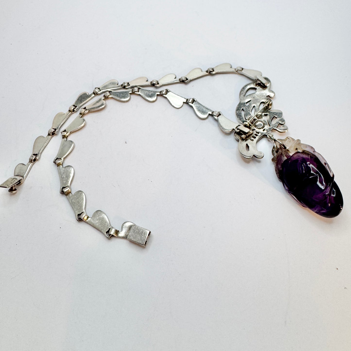 Margot De Taxco, Mexico 1950-60s. Bold Sterling Silver Enamel Amethyst Brooch Necklace.