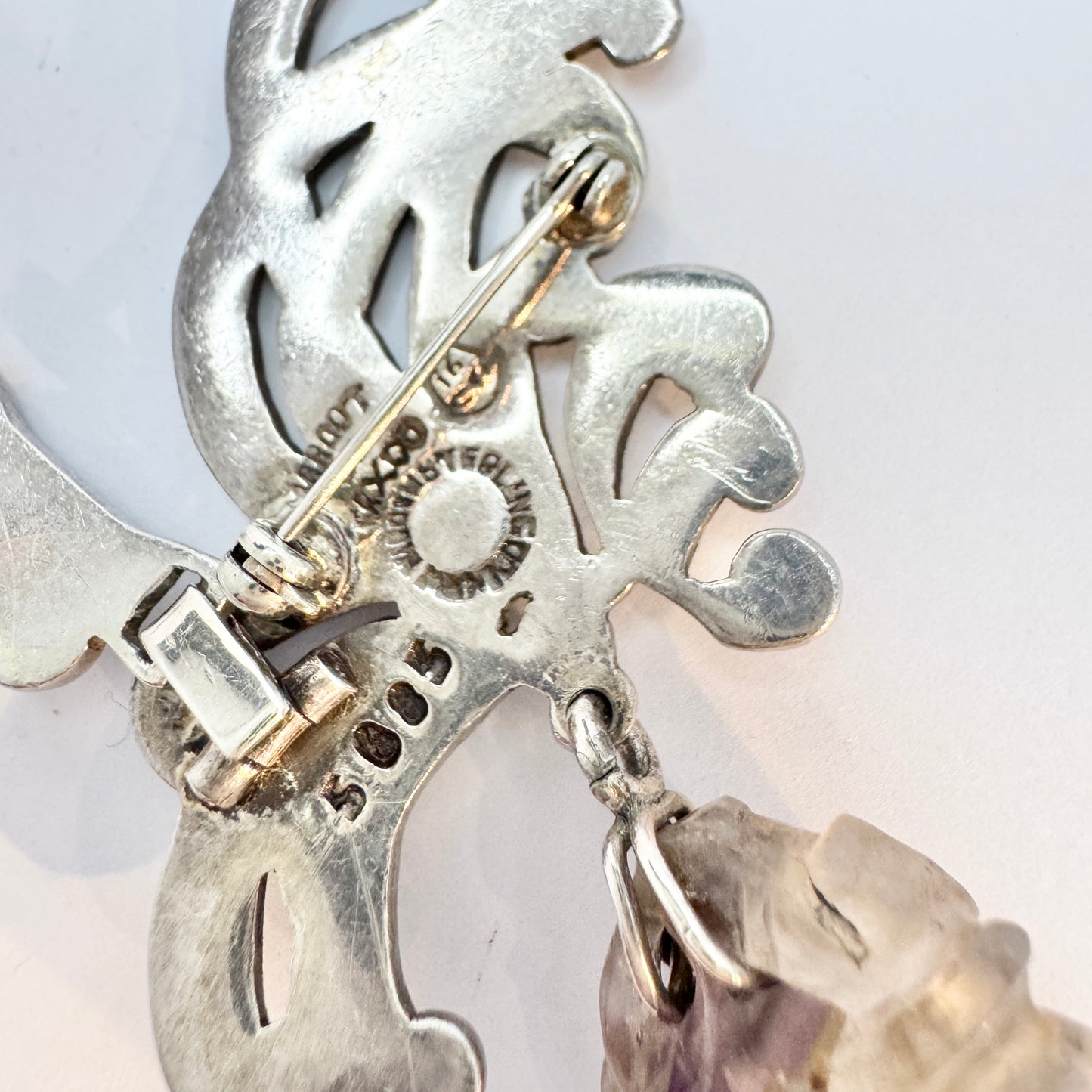 Margot De Taxco, Mexico 1950-60s. Bold Sterling Silver Enamel Amethyst Brooch Necklace.