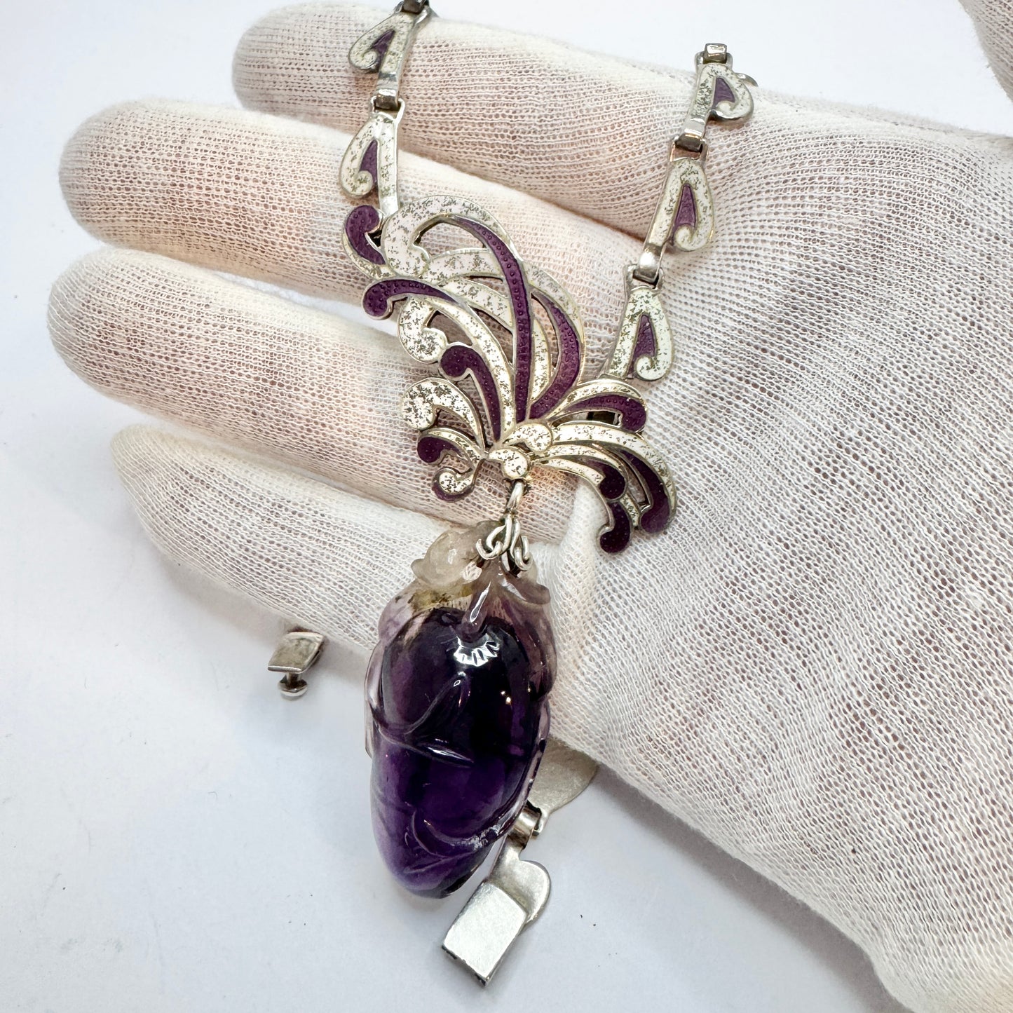 Margot De Taxco, Mexico 1950-60s. Bold Sterling Silver Enamel Amethyst Brooch Necklace.