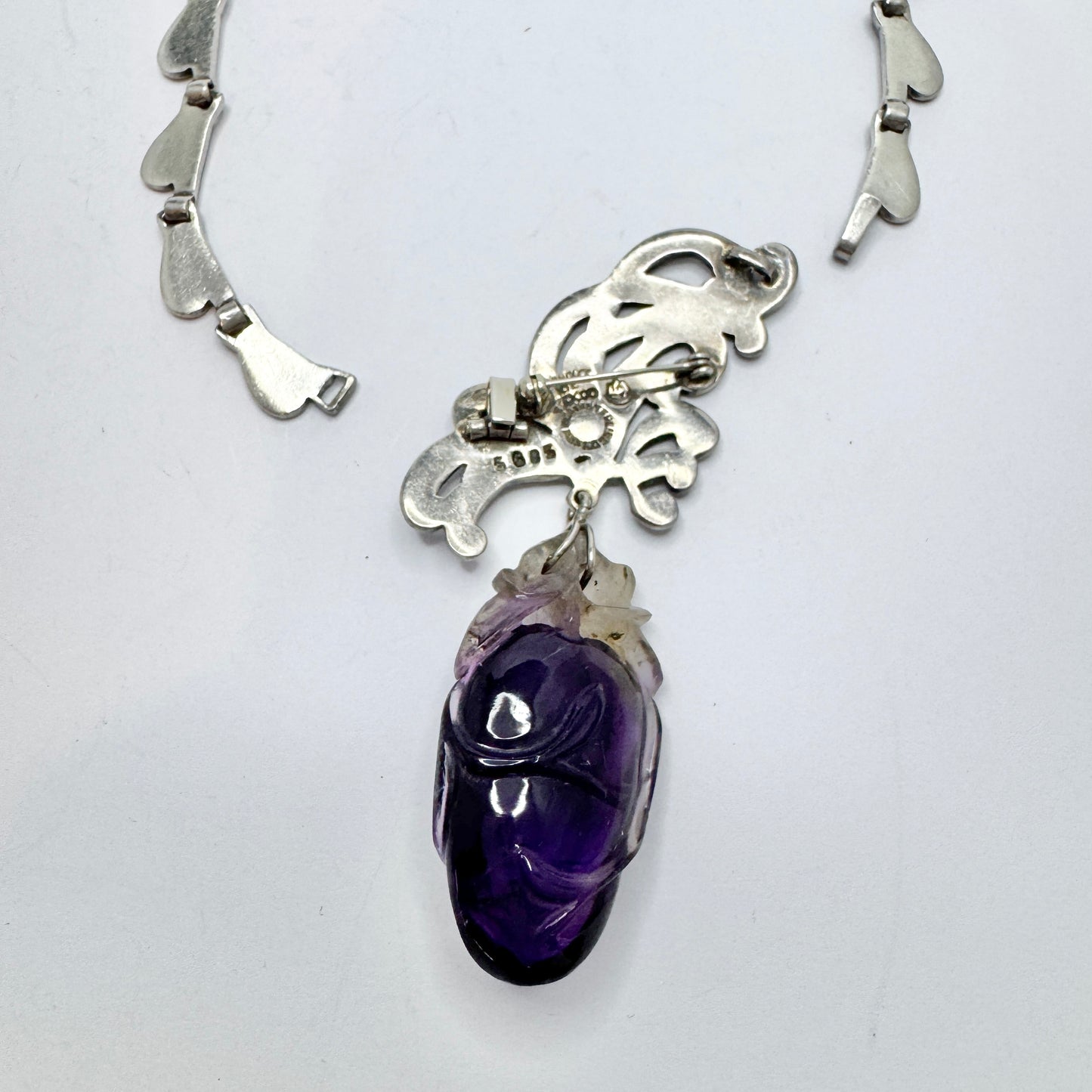 Margot De Taxco, Mexico 1950-60s. Bold Sterling Silver Enamel Amethyst Brooch Necklace.