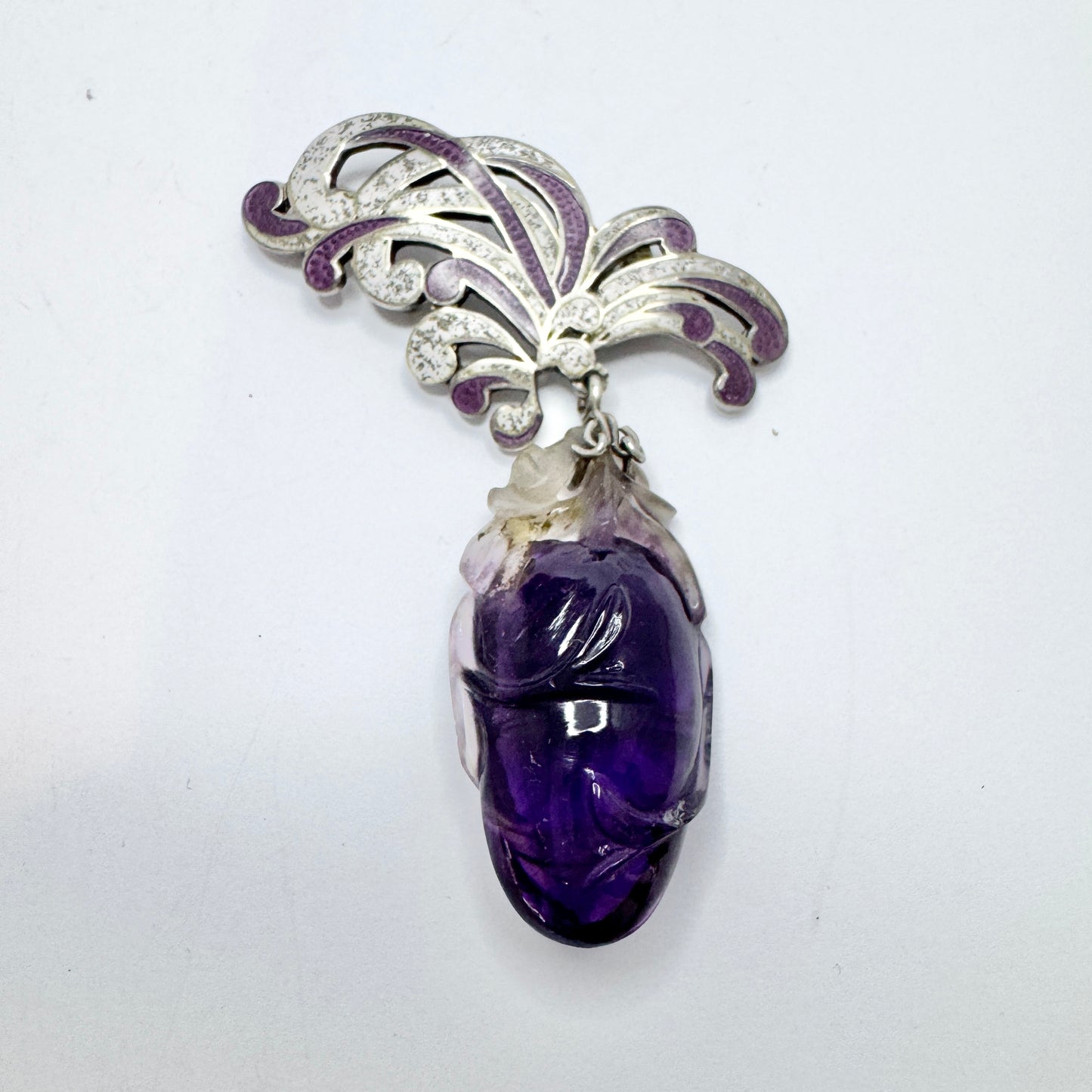 Margot De Taxco, Mexico 1950-60s. Bold Sterling Silver Enamel Amethyst Brooch Necklace.