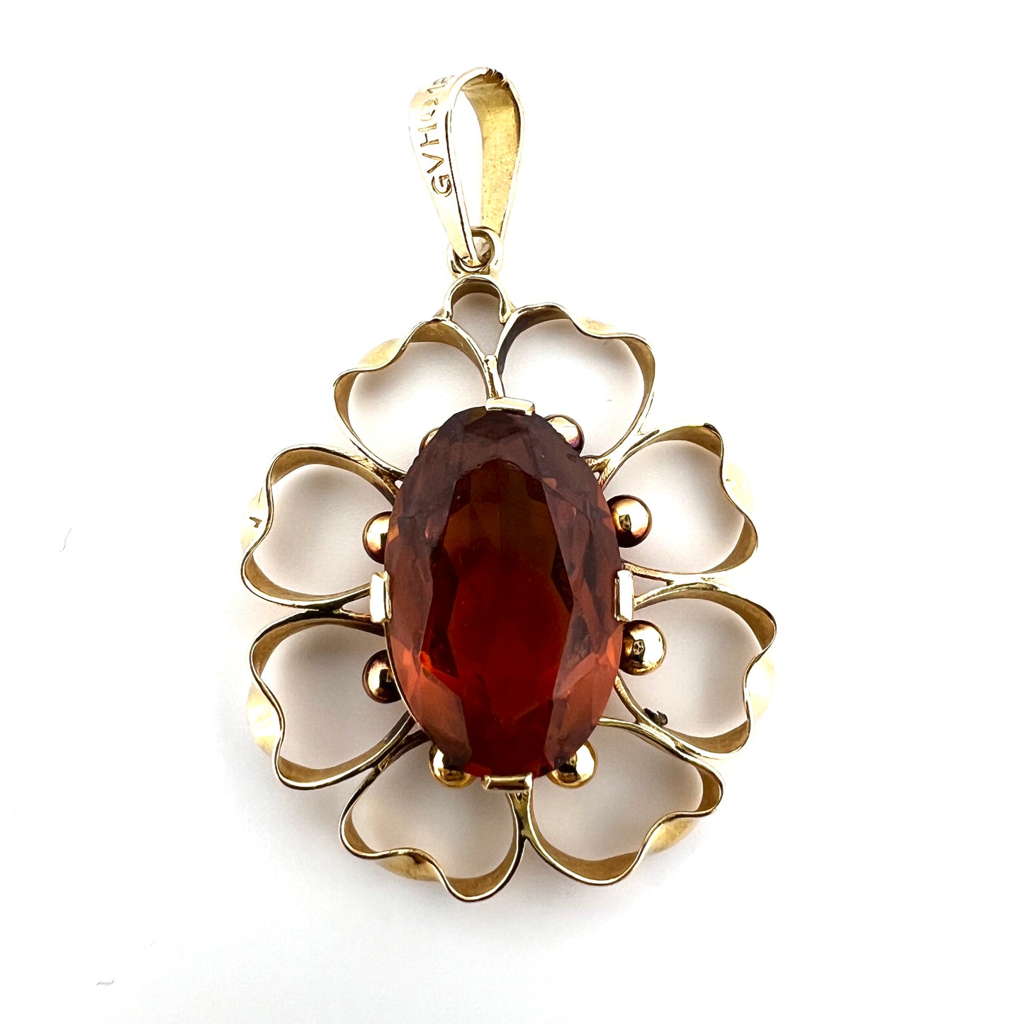 Guldvaruhuset, Sweden 1945. Vintage 18k Intense Orange Paste Stone Pendant.