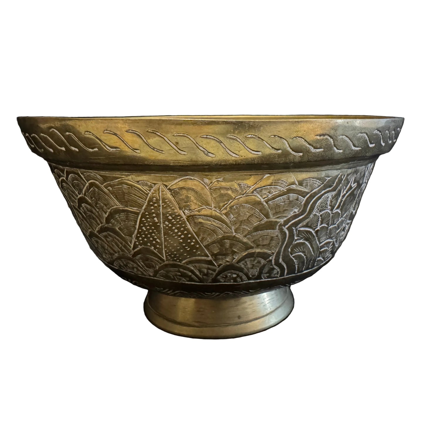 Old Oriental Engraved Brass Offering Bowl. Signed.