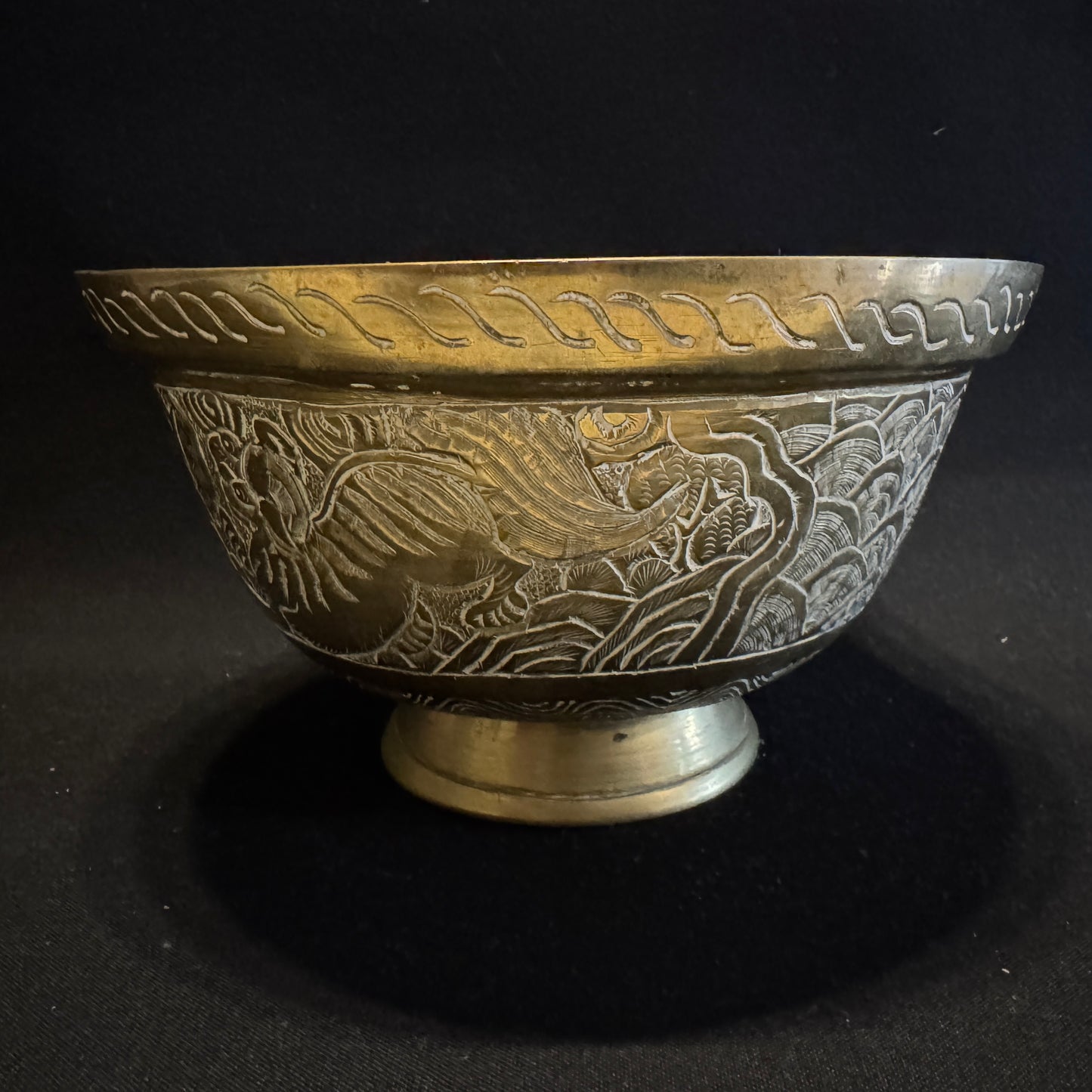 Old Oriental Engraved Brass Offering Bowl. Signed.