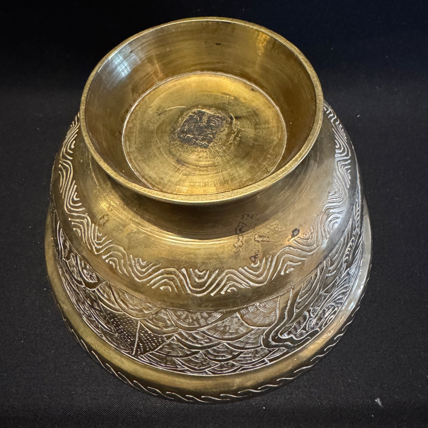Old Oriental Engraved Brass Offering Bowl. Signed.